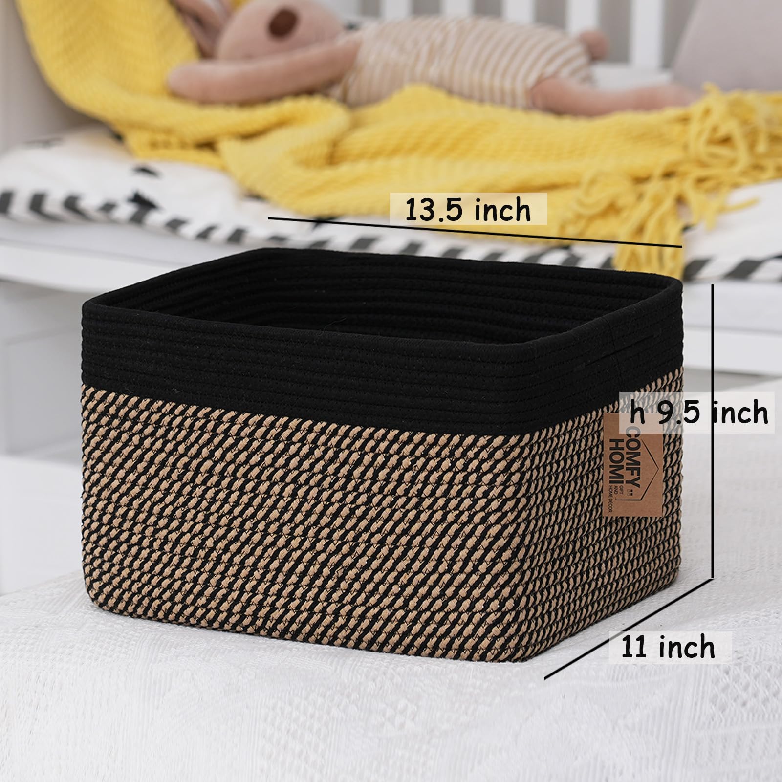 Comfy-Homi Cotton Rope Woven Basket With Handles For Shelves,Toys,Book, Cloth Storage Baskets Bin For Organizing-13.5'X11'X9.5' Toy Decorative Organizer For Living Room, Bathroom-Black/Jute